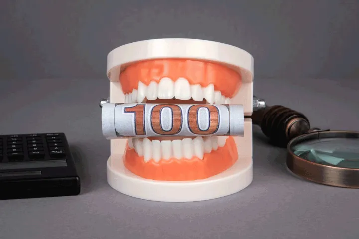 fake teeth biting on money