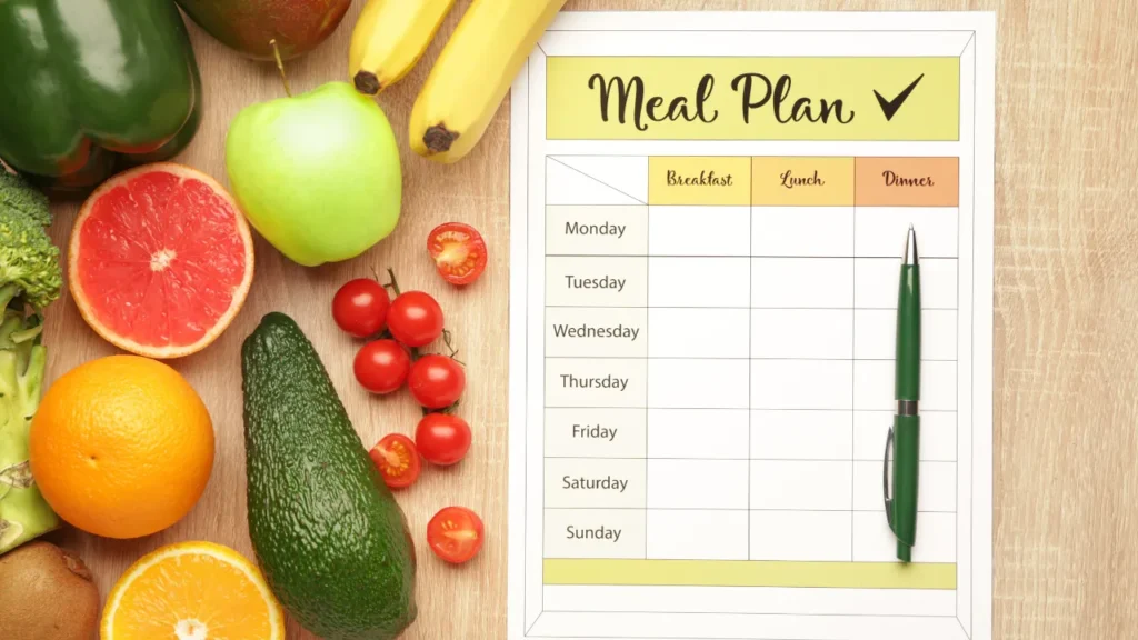 fruits and vegetables on table with meal plan